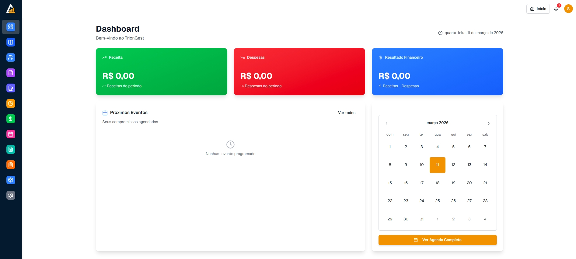 Dashboard do TrionGest - Receita, despesas, resultado financeiro e agenda